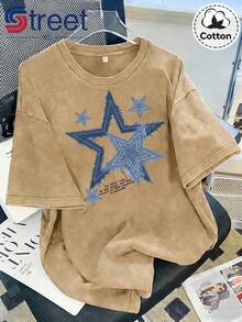1 Piece Of Vintage Summer Washed Cotton Short Sleeve T-Shirt, American Style With Frayed Edges And Star Print, Plus Size Top For Women, Loose Fit, Dropped Shoulders, Round Neck, Oversized Style, Comfortable And Fashionable, Versatile For Everyday Wear, Y2k Women's Clothing, 100% Cotton 180g. - 黑色 - 查看 7