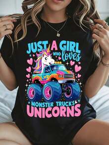 Elegante y casual mujer manga corta,Unicorn Monster Truck T Shirt For Girls With Just A Girl Who Loves Monster Trucks And Unicorns Print White Casual Wear For Spring Summer - Negro - Ver 8