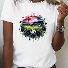Camiseta de Mujer de Cuello Redondo Estampada, Serie de Ropa EE. UU.-México. Estilo Artístico y Deportivo con Estampado de Estadio, Creando un Look Atmosférico para Ver Partidos. Ropa para Aficionados al Fútbol, Atuendo para Animar. Nueva Camiseta de Manga Corta Cómoda para Primavera/Verano, Ropa - blanco - Ver 1