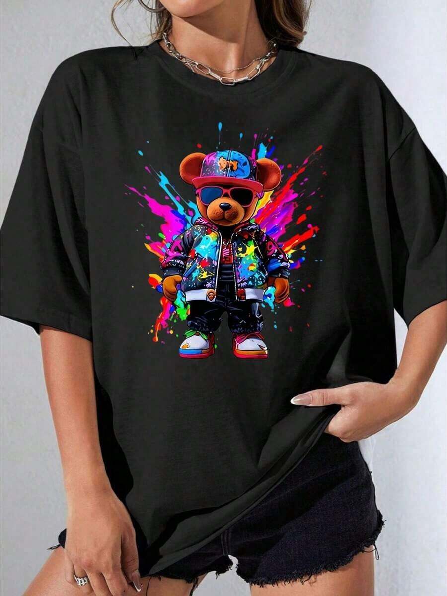 Camiseta Negra y Blanca para Niña, Camiseta Blanca de Talla Grande con Estampado de Oso Colorido para Estilo Casual Urbano, Fiesta al Aire Libre, Camiseta Estampada Casual de 180g - Negro - Ver 1