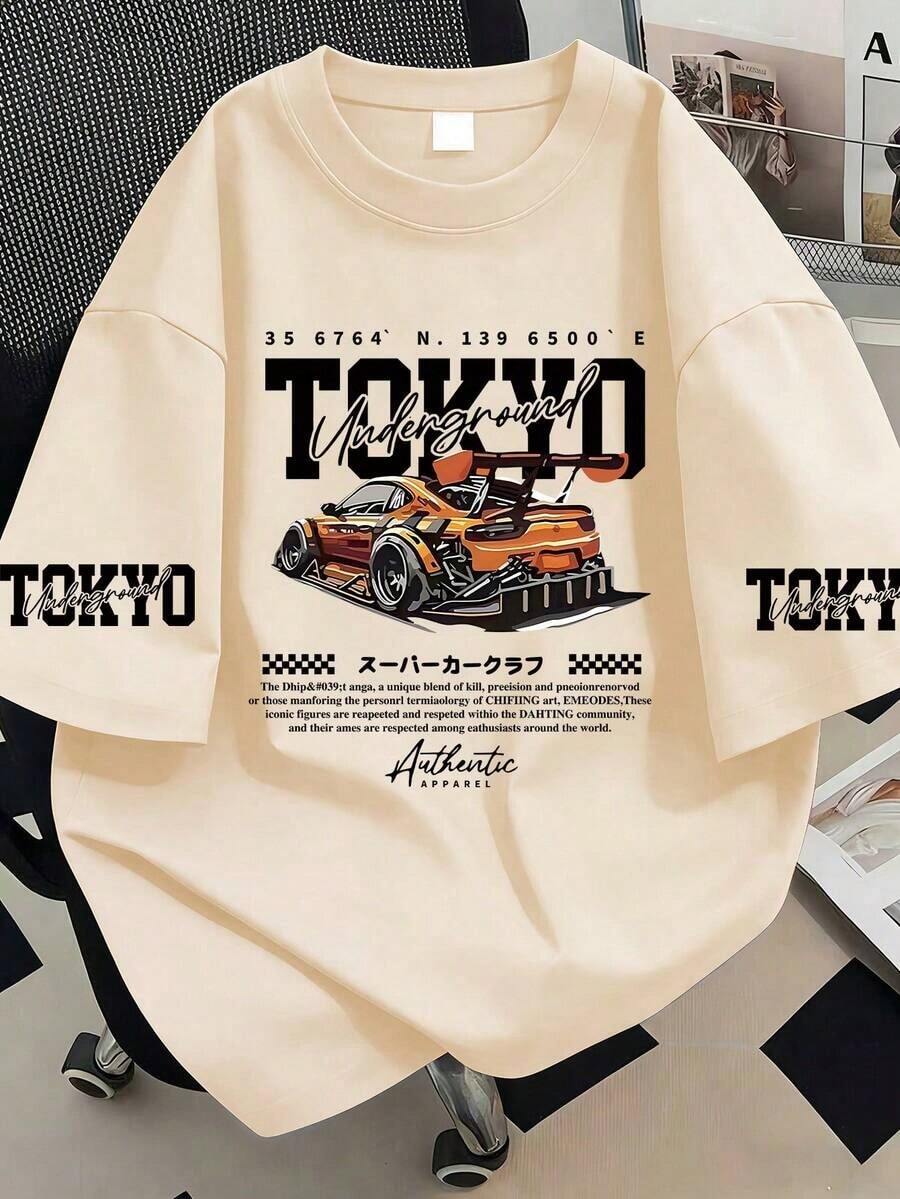 Estilo Y2K, estilo moderno, lo más nuevo de 2026, estilo lindo, estilo casual. Camiseta de verano de talla grande con estampado de Tokio, gráfico de coche, ambiente de carreras, estilo urbano. Adecuado para Año Nuevo, días festivos, uso diario, salidas, playa, fiestas, escuela, vacaciones, desplazamientos, etc. Ideal para atuendos de verano 180g (S-XXXL) - Albaricoque - Ver 1