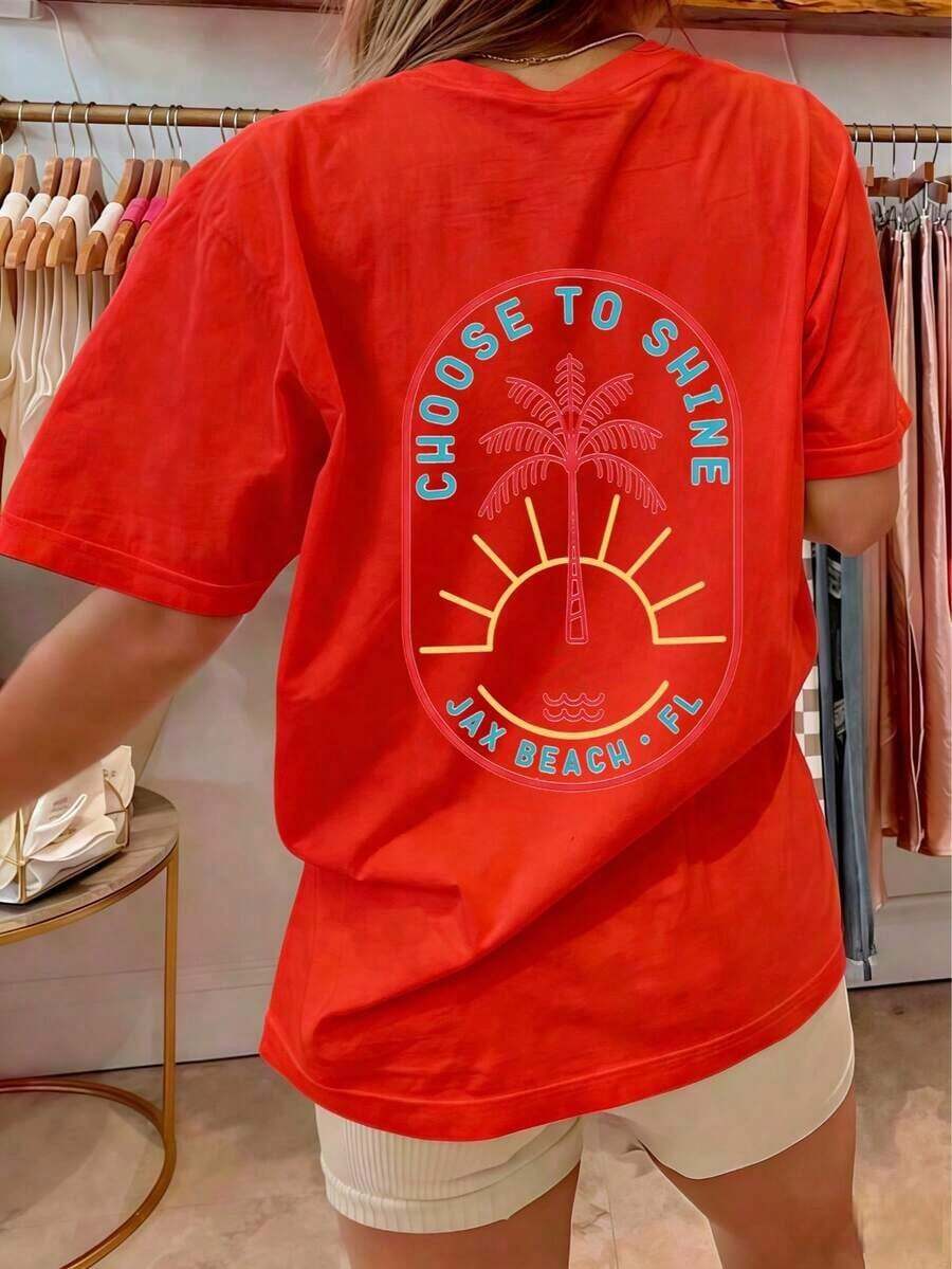 Camisetas holgadas de gran tamaño con estampado de cocotero/letras para mujer, estilo Y2k, manga corta, cuello redondo, corte holgado, camiseta vintage de verano, estilo estético, camisetas holgadas, ropa preppy costera para adolescentes, ropa de calle, blanca y azul marino, top corto unisex con hombros descubiertos, camisa informal para uso diario, camisa retro, ropa de otoño e invierno, ropa neutral de manga corta para hombre y mujer, ropa de talla grande, sudadera, ropa para mujer, tops, ropa de Año Nuevo, tops para mujer, tops de primavera y verano para mujer, ropa de primavera, conjuntos de vacaciones para mujer, regalos de San Valentín, conjuntos de verano - Camiseta de manga corta de algodón holgada estilo vintage unisex con cuello redondo, blusas para mujer. blusas.blusas casuales para dama. - Rojo - Ver 1