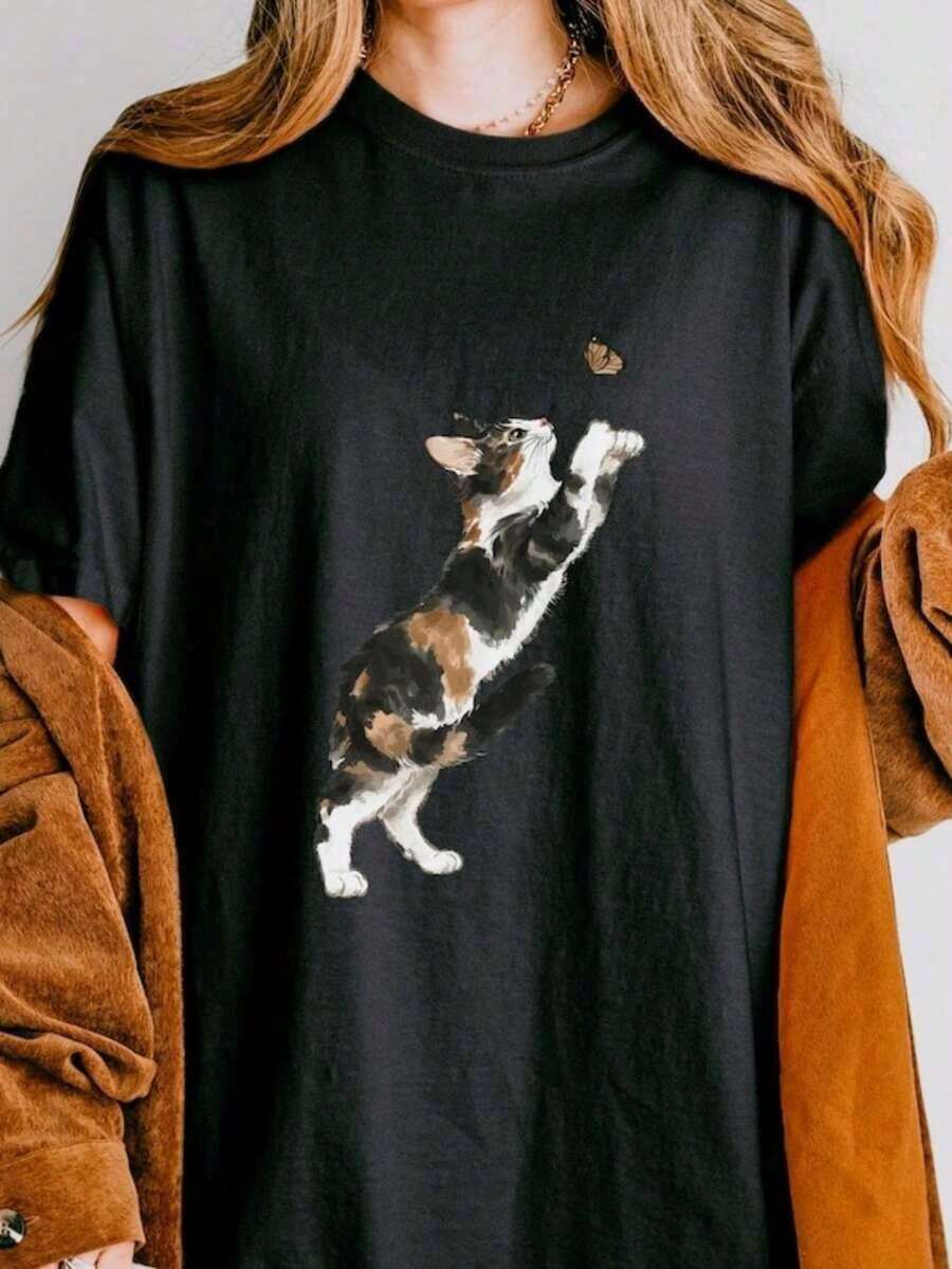 Camiseta de Gato y Mariposa, Linda Camiseta Calicó, Camiseta Estética en Acuarela, Regalo para Mamá de Gatos, Camiseta Minimalista para Amantes de Mascotas, Camisetas Gráficas Unisex, Camiseta Divertida - Negro - Ver 1