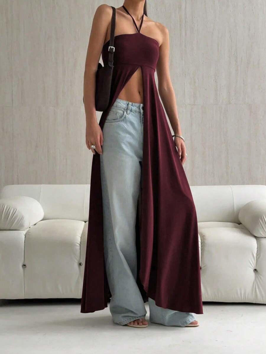 Vestido elegante sin mangas estilo halter diseño exclusivo, corte ajustado con abertura amplia, estilo versátil y único - Burdeos - Ver 1