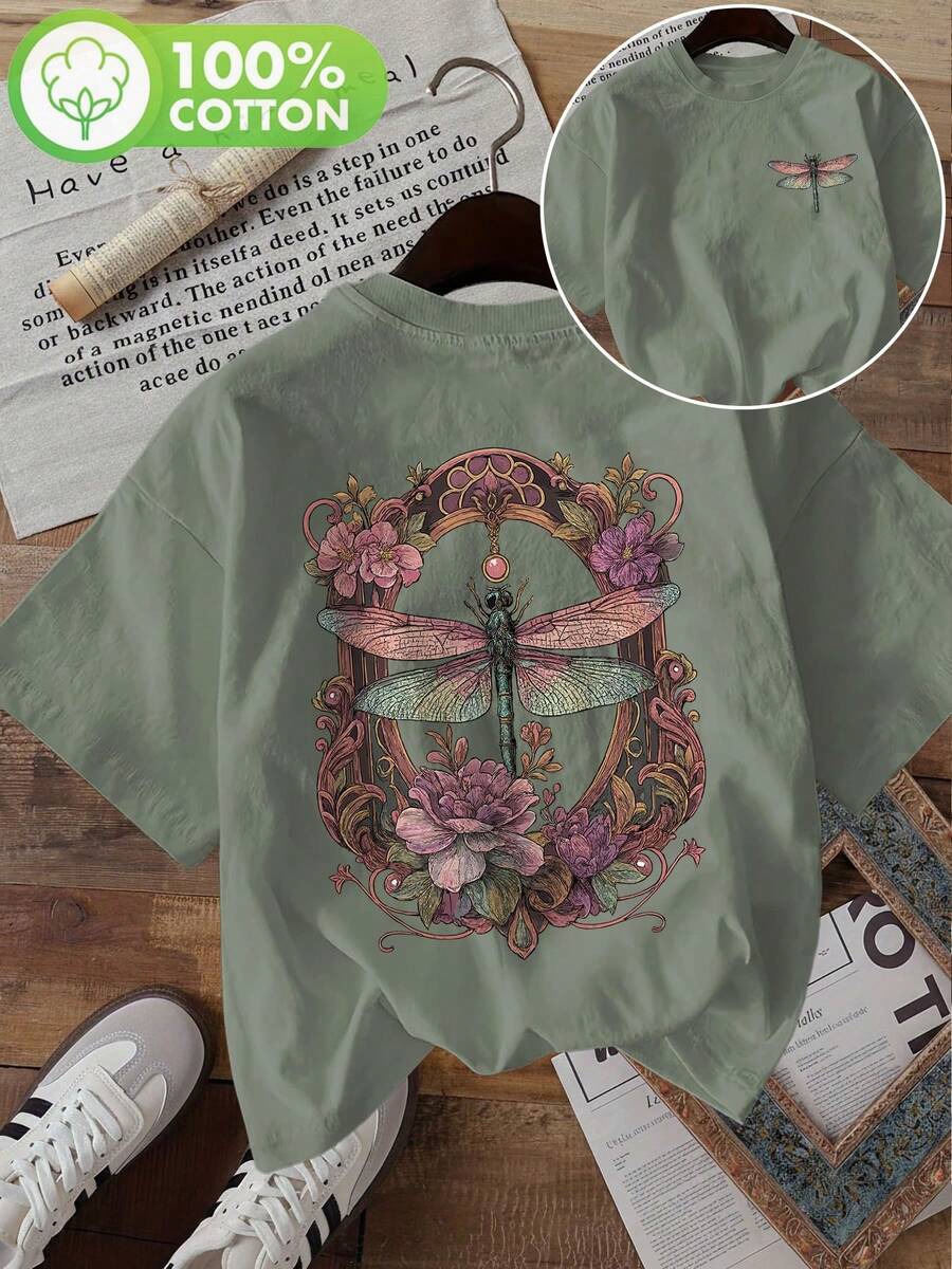 Edición Limitada: Camiseta Casual de Verano para Mujer con Estampado de Doble Cara de Libélulas y Diseños Florales, Cuello Redondo, Manga Corta, Algodón Ligero - Verde - Ver 1