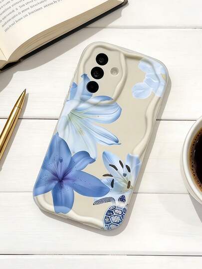 1pc Cream Dopamine Wave Ruffle Soft TPU Texture Creative Blue Floral Sea Turtle Element Phone Case Compatible With Galaxy S21 S22 S23 S24 S25 S26//Honor// And Other Models