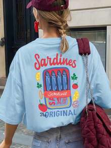 Camiseta de mujer vintage con estampado de cerezas rojas, tela transpirable y cómoda con estampado de eslogan positivo, ajuste holgado estilo universitario estadounidense retro, adecuada para uso diario, estilo callejero, día de autocuidado o regalo casual de Acción de Gracias en verano - Celeste - Ver 7