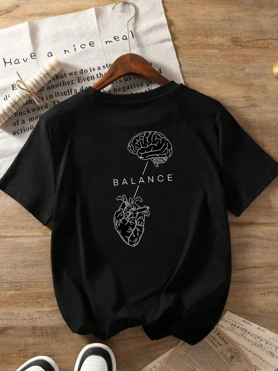 Camiseta de manga corta de corte regular - Balance, Brain and Heart - Camiseta estampada de moda para mujer, primavera/verano, ¡tu mejor elección! Atuendo casual diario de verano. - Negro - Ver 1