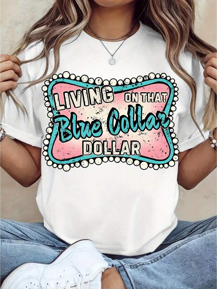 Vida de trabajador, camiseta estampada con el espíritu de trabajador, top de verano de alta calidad para actividades al aire libre, adecuada para uso diario casual y fiestas en todas las estaciones, lavable a máquina y duradera, tela cómoda y transpirable, camiseta casual holgada para mujer. - Blanco - Ver 1