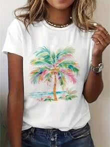Camiseta de Mujer con Estampado de Palmeras Coloridas - Camiseta Blanca Brillante para Mujer - Camiseta de manga corta, corte ajustado, con estampado casual que presenta hojas verdes, rosas y azules, combinadas con un diseño botánico artístico y elementos acuáticos. |   Perfecto para salidas informales y días de playa, un top ligero de verano. |   Solo una prenda de vestir - Blanco - Ver 8