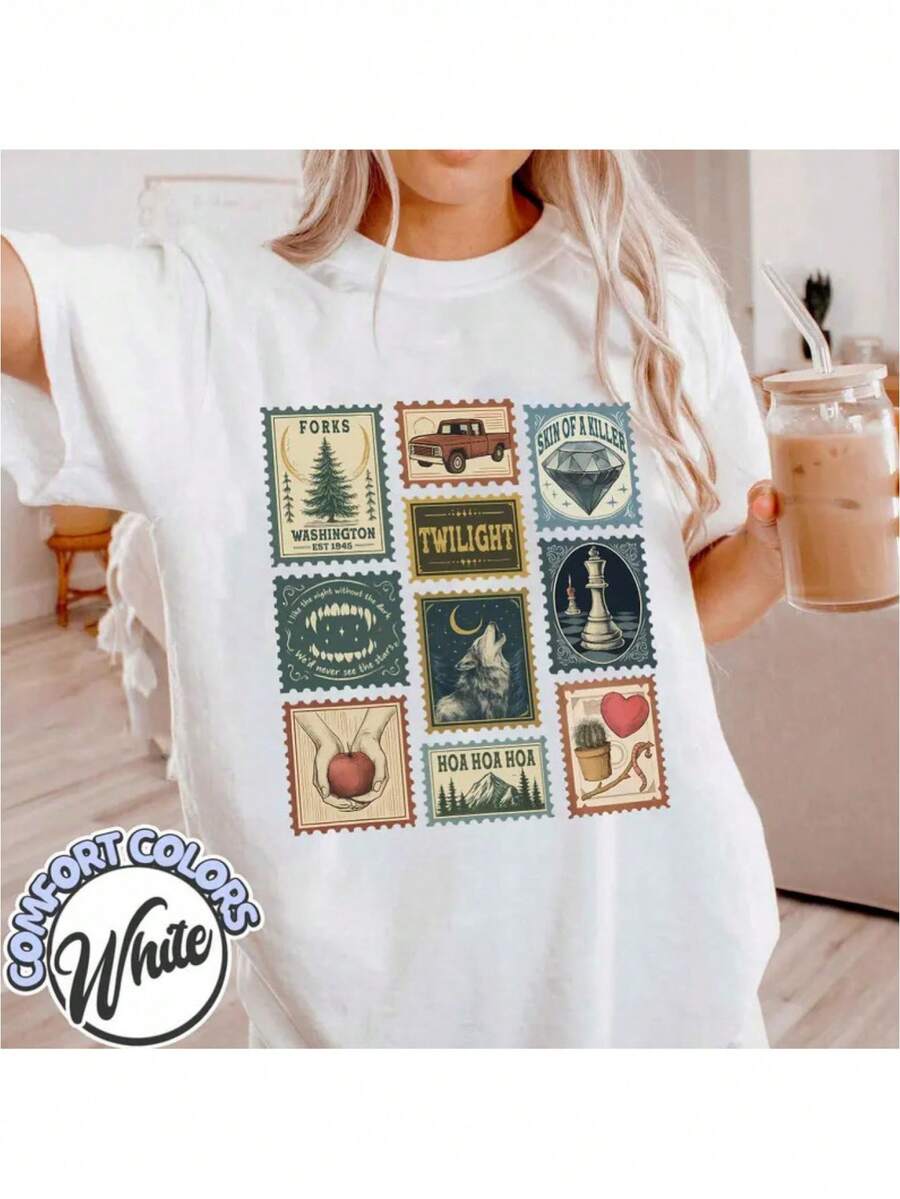 Camiseta de manga corta de algodón puro de 180 g para mujer, talla grande, holgada y adelgazante, con cuello redondo, regalo para el Día de la Madre, tallas 3XL-5XL, camiseta con temática de Twilight e Inspiración Fox Washington. - Blanco - Ver 1