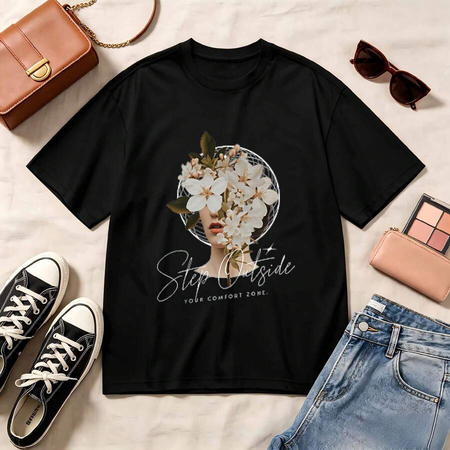 Retro Floral Art, 100% Cotton Oversized Soft Breathable Casual Crewneck Short Sleeve Top, Summer Vibes Romantic Aesthetic Streetwear Women's Fashion - Negro - Ver 1