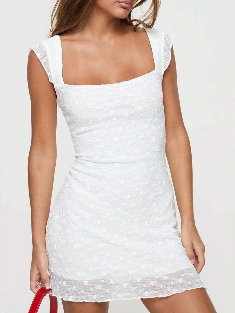 Women Bodycon Dress, Sleeveless Square Neck Backless Flower Slim Fit Mini Dress Clubwear - Blanco - Ver 1