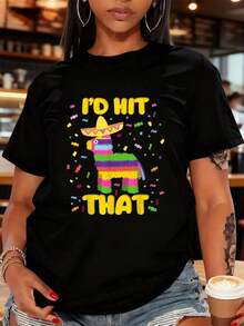 Camiseta de Fiesta del Cinco de Mayo I'd Hit That Pinatas, camisetas gráficas, tops cortos para mujeres, conjuntos de verano para mujeres, tops de verano - Negro - Ver 1