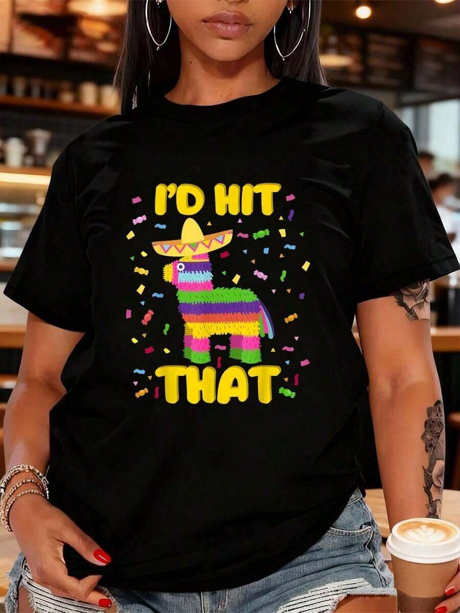 Camiseta de Fiesta del Cinco de Mayo I'd Hit That Pinatas, camisetas gráficas, tops cortos para mujeres, conjuntos de verano para mujeres, tops de verano - Negro - Ver 1