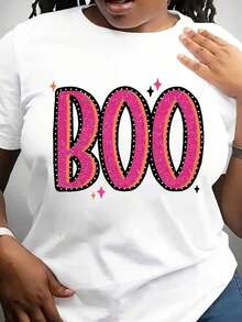 Camiseta con Estampado Gráfico de la Letra "Spooky Boo" - Suave, Transpirable, de Manga Corta y Cuello Redondo, Top Casual para Mujer, Perfecta para las Temporadas de Verano y Primavera, Ropa para Fiestas de Disfraces de Halloween. - Blanco - Ver 6