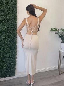 YHHAndrea Bello Vestido de tirantes unicolor de espalda abierta con cordónYHH - Burdeos - Ver 8