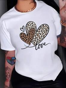 Dos corazones con estampado animal que simbolizan la unión de la fuerza interior y la ternura del amor eterno camiseta de mujer casual moderna y cómoda para uso diario - Blanco - Ver 8