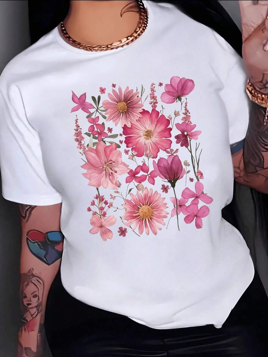Flores rosadas que simbolizan alegría esperanza y delicadeza con pétalos abiertos que evocan la belleza natural del alma femenina camiseta de mujer casual fresca cómoda perfecta para uso diario - Blanco - Ver 1