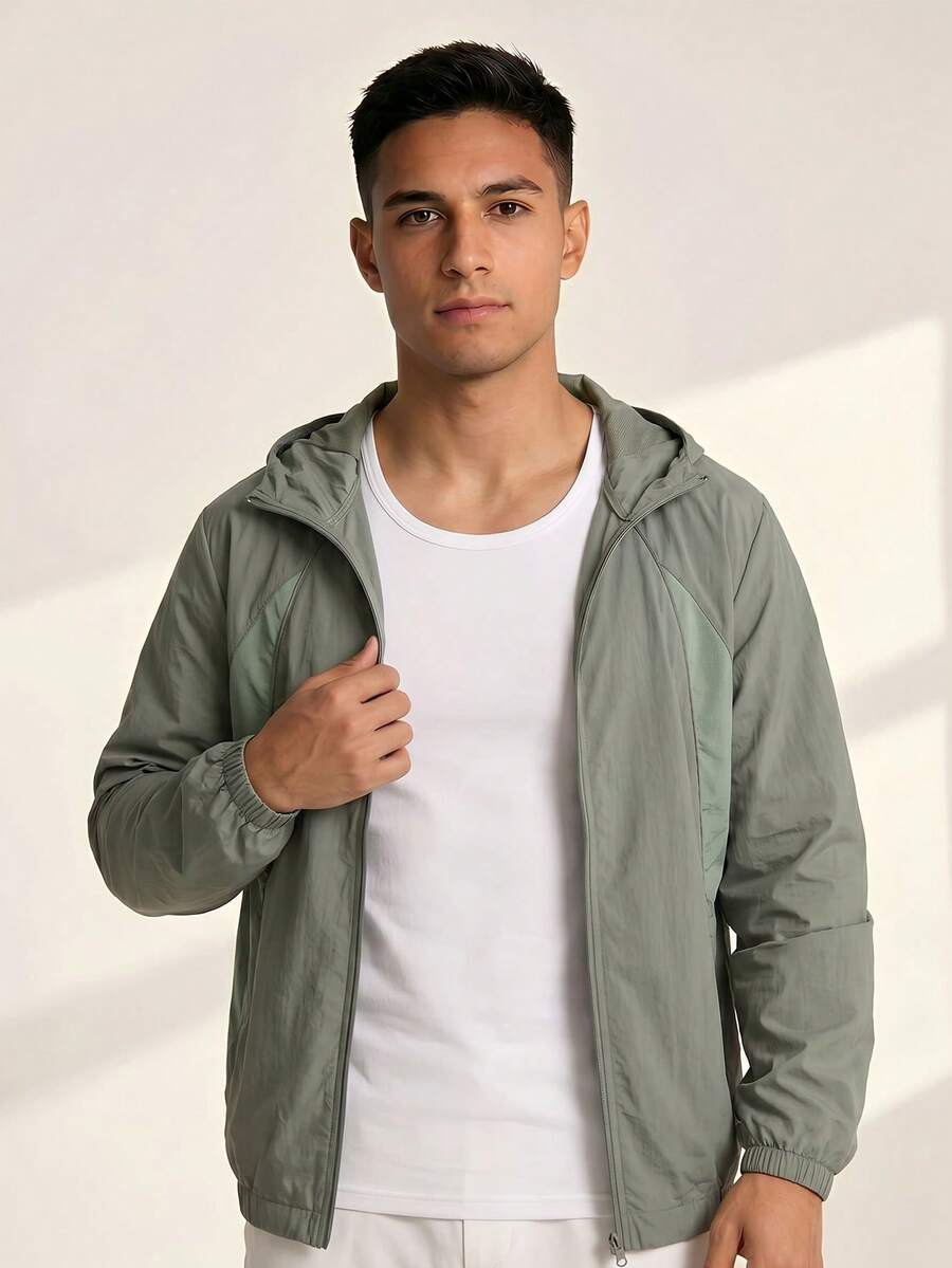 Driftmere Men's Minimalist Contrast Color Sun Protection Jacket, Mesh Lining Design, Breathable Quick-Dry Outdoor Sunscreen Shirt Sport - Grey - View 1