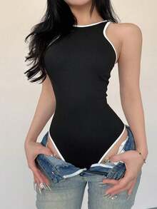Body ajustado y sexy con ribete de color contrastante para mujer - Negro - Ver 4