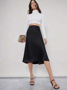 Falda de trabajo lisa negra con detalles de cremallera, falda elegante de señora con cremallera midi estrecha de cintura alta de color negro liso para mujer, para primavera/verano, uso diario casual - Negro - Ver 5