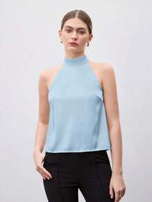 de satén de unicolor para mujer, camisa casual de verano con cuello en V, elegante para la oficina - Azul - Ver 6
