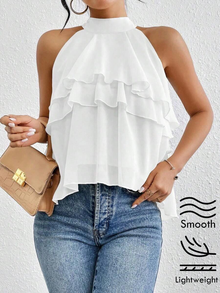 Blusa de gasa con volantes asimétricos y cuello suelto - Blanco - Ver 1