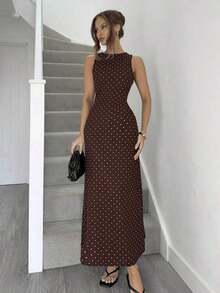 YHHSiren Gaze Vestido de verano sin mangas con lazo en la cintura y estampado de lunares elegante para mujerYHH - Café integral - Ver 5