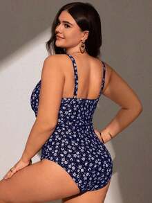 Traje de baño de una pieza con estampado floral pequeño para playa y verano en tallas grandes - Azul y blanco - Ver 2