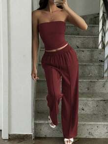 Conjunto de 2 piezas de ropa de otoño Vaiaye: Top corto ajustado y sexy sin tirantes, camiseta básica de unicolor elástica y ajustada, top tipo bandeau para yoga; Conjunto de pantalones para primavera/verano - Morado - Ver 2