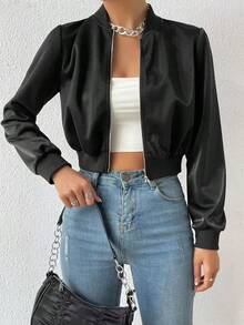 Chaqueta bomber corta con cremallera de color liso, chaqueta ligera de mujer de uso casual para primavera/otoño con manga regular, cuello tipo béisbol y ajuste regular en color negro liso - Negro - Ver 1