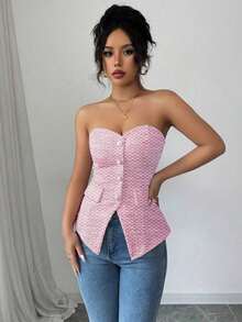 Top corto ajustado de verano para mujer con textura rosa, con detalle de botón de perla - Rosa Fucsia - Ver 4