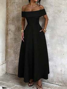 Vestido de mujer de unicolor con hombros descubiertos, nuevo vestido largo elegante y ajustado sin espalda para fiestas, uso diario y citas - Negro - Ver 6