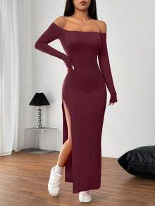 Vestido rojo sexy de hombros descubiertos con abertura lateral alta - Burdeos - Ver 3