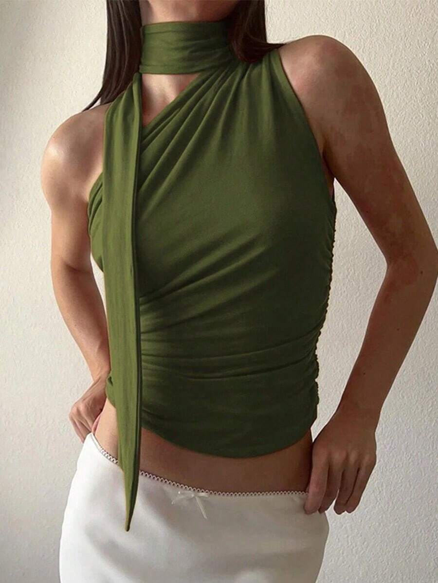 Camiseta sin mangas de mujer de unicolor, con cuello alto, pliegues calados - Verde militar - Ver 1