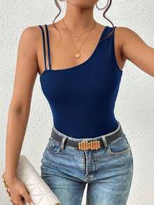 Top unicolor de cuello asimétrico tejido de canalé - Azul marino - Ver 5