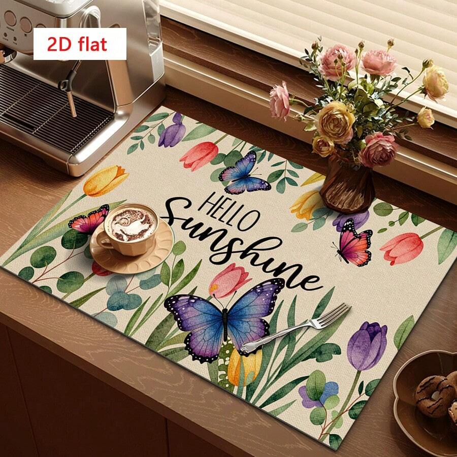 1 pieza Felpudo absorbente para secar platos con diseño de mariposa y flores en acuarela, apto para mesa de comedor, cafetería, alfombrilla de drenaje multiusos, regalo para el hogar, decoración de escritorio