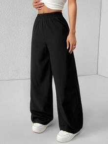 Pantalones de pierna de campana con cintura alta, elásticos y acanalados para mujeres - Negro - Ver 7
