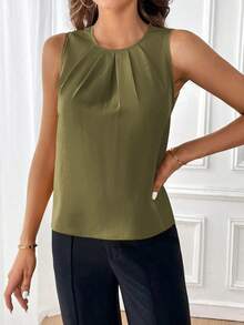 Clasi Blusa sin mangas con detalle de pliegues y escote de ojo de cerradura, blusas sin mangas - Verde militar - Ver 5
