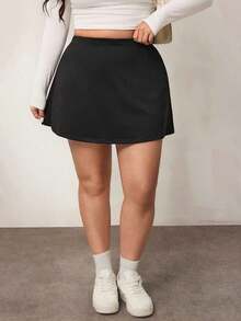 Falda corta casual de línea A de unicolor negro básico para mujer de talla grande, amigable con las curvas del Body redondeado, para el invierno, para la figura de Body redondeado tipo manzana - Negro 3 - Ver 5