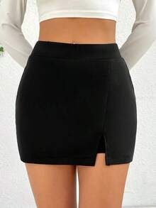 Falda de verano, falda recta con aberturas laterales para mujer, falda casual y sexy de cintura alta con corte mini, lisa, negra, para uso diario casual en primavera/verano - Negro - Ver 3