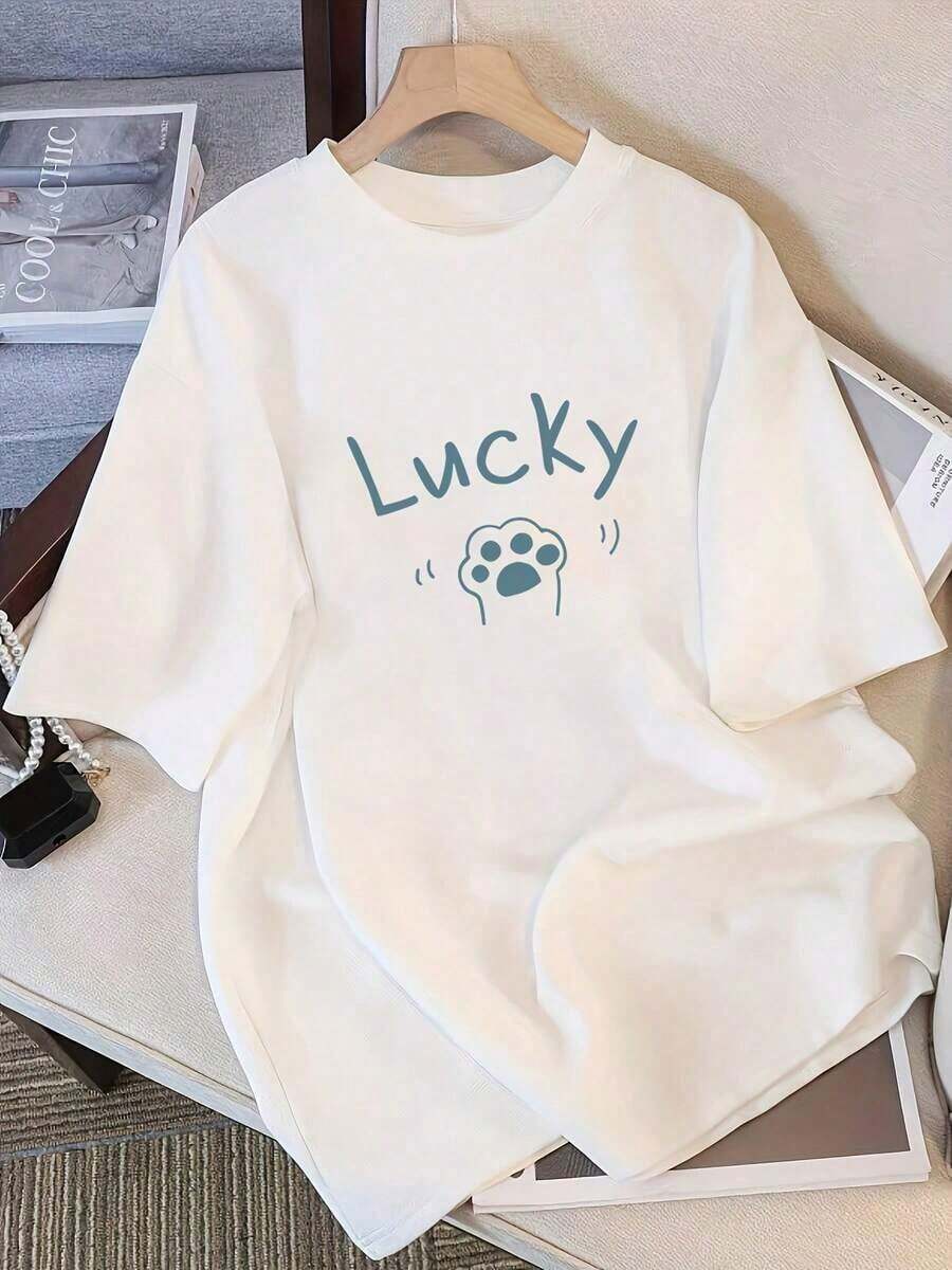 Camiseta de manga corta para mujer 2026, nueva camiseta de algodón para el verano, 1 pieza. Camiseta de manga corta blanca de algodón para mujer, novedad 2026, popular, con estampado de dibujos animados, de manga media, holgada, informal, versátil, estampada. - Blanco - Ver 1