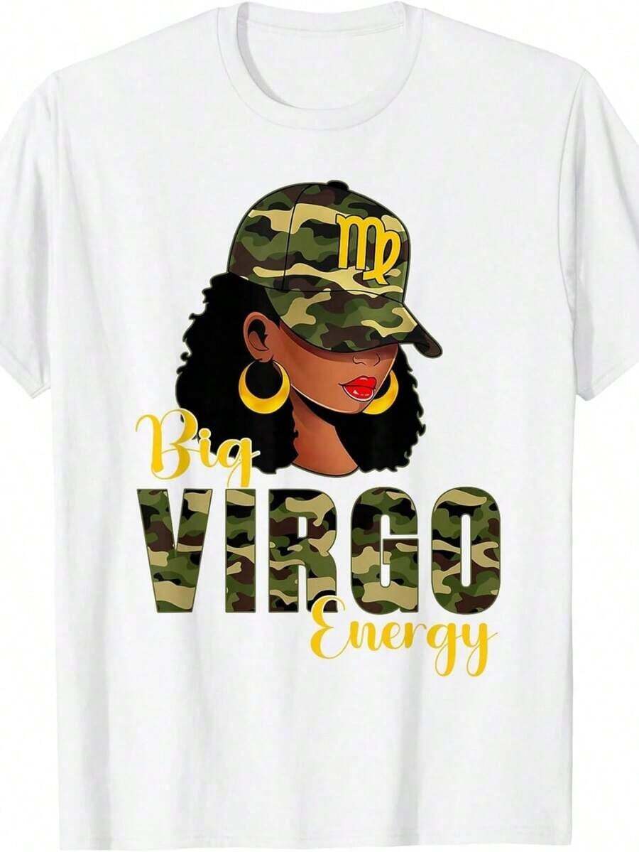 Women's T-Shirt With Virgo Zodiac Print And Energy Camouflage, Short Sleeve T-Shirt For Spring, Summer And Autumn, Beautiful And Fashionable Style - 白色 - 查看 1