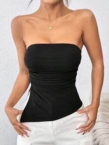 Top negro sin tirantes con pliegues y abertura - Negro - Ver 8