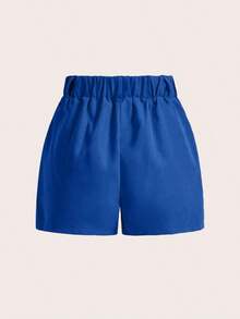 Pantalones cortos casuales sueltos con piernas anchas y plisados de unicolor para mujeres - Azul - Ver 2