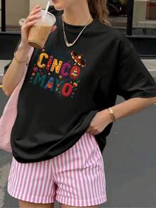 Women's Summer T-Shirt Cinco De Mayo Mexican Fiesta Casual Style With Floral Hat And Guitar Colorful Pattern Short Sleeve Soft Cotton Festive Fashion For May Celebrations Light Clothing - 黑色 - 查看 6