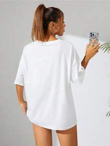 Camiseta de mujer con letras impresas y hombros caídos - Blanco - Ver 8