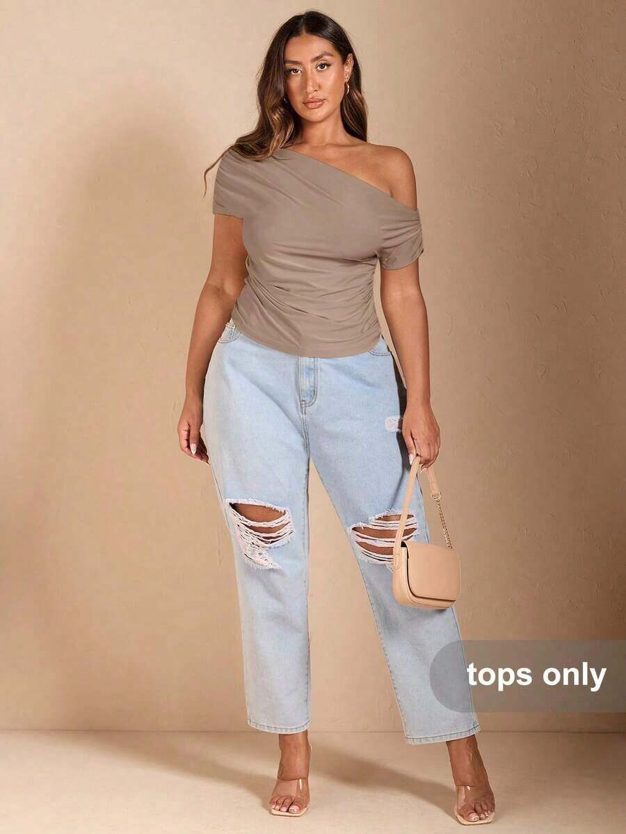 Camiseta negra de manga corta con hombro asimétrico para mujer de talla grande, ideal para verano, vacaciones en la playa, festivales de música country, fiestas, vacaciones, conciertos, fiestas de carnaval, festivales, top amarillo mantequilla, - Camel - Ver 1