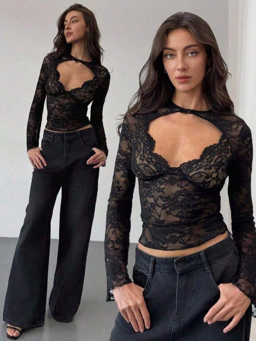 Blusa de manga larga con cuello en V profundo, transparente y con detalles de encaje negro para mujeres - Negro - Ver 1